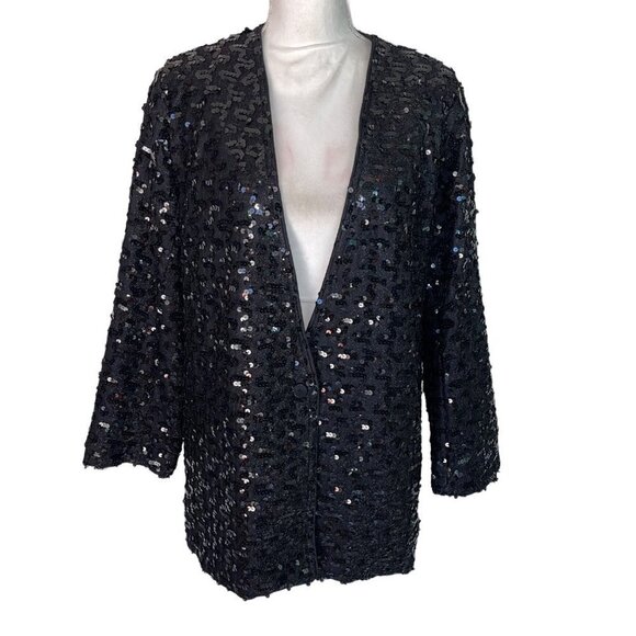 Three Flaggs Womens Sequin Jacket Black Size Large L Vintage Nylon Acetate Rayon - Picture 12 of 12